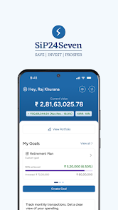 SiP24Seven app home screen showing goals and portfolio value